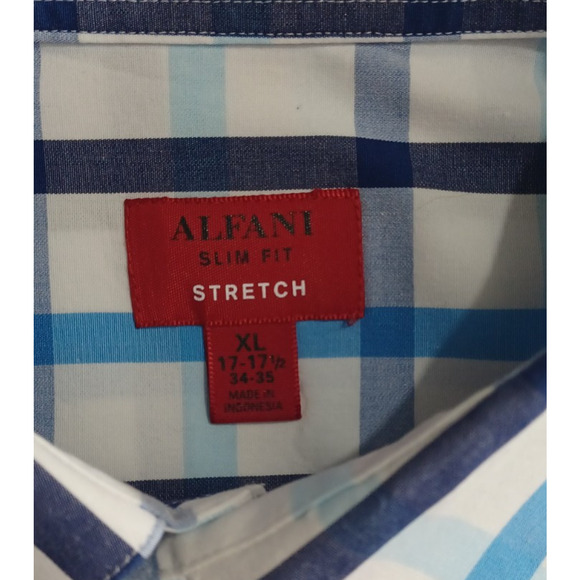Alfani Slim Fit Stretch XL 17- 17.5 / 34-35 Men's Button Up Blue White Plaid - Picture 5 of 13